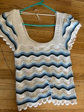 Jessica Simpson Cream and Blue Striped Crochet Top